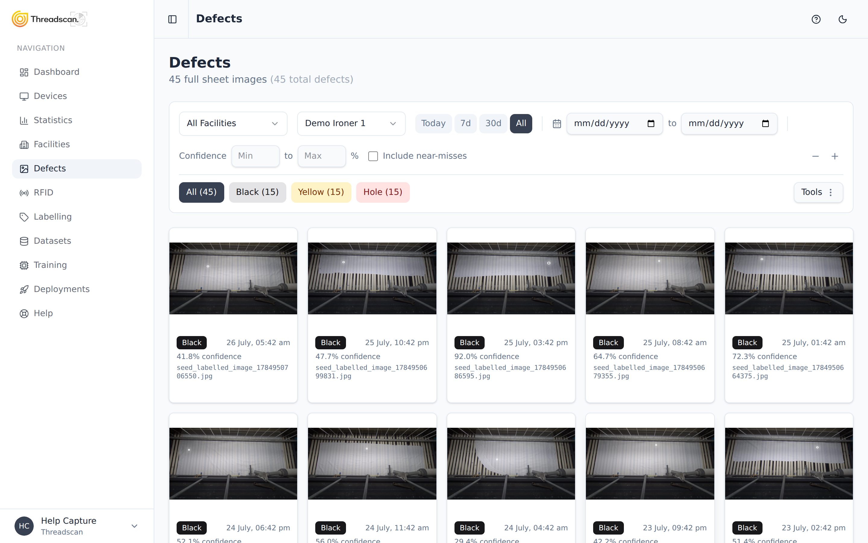 Threadscan defect gallery with class filters and confidence scores